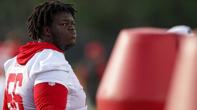 Aug 1, 2025; Tampa, FL, USA; Tampa Bay Buccaneers defensive tackle Desmond Watson (56) looks on training camp at AdventHealth Training Center.