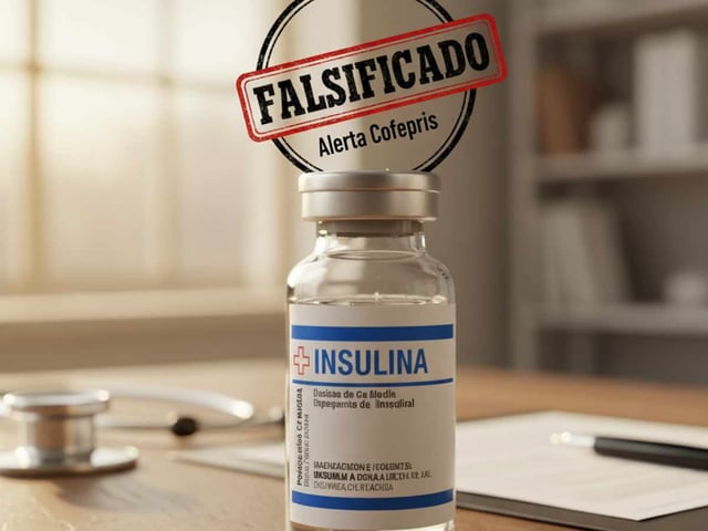 La insulina de 10 mililitros es falsa, y la Cofepris pide revisar el lote para evitar problemas con el uso de esta medicina. Imagen hecha con IA.