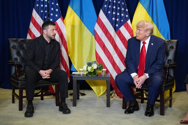 President Donald Trump meets with Ukrainian President Volodymyr Zelenskyy during the United Nations General Assembly, Tuesday, Sept. 23, 2025, in New York. (AP Photo/Evan Vucci)