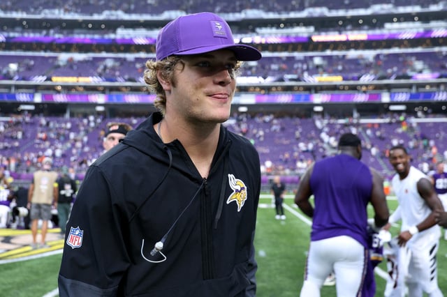 J.J. McCarthy of the Minnesota Vikings looks on after the game against the Cincinnati Bengals at U.S. Bank Stadium on September 21, 2025 in Minneapolis, Minnesota.