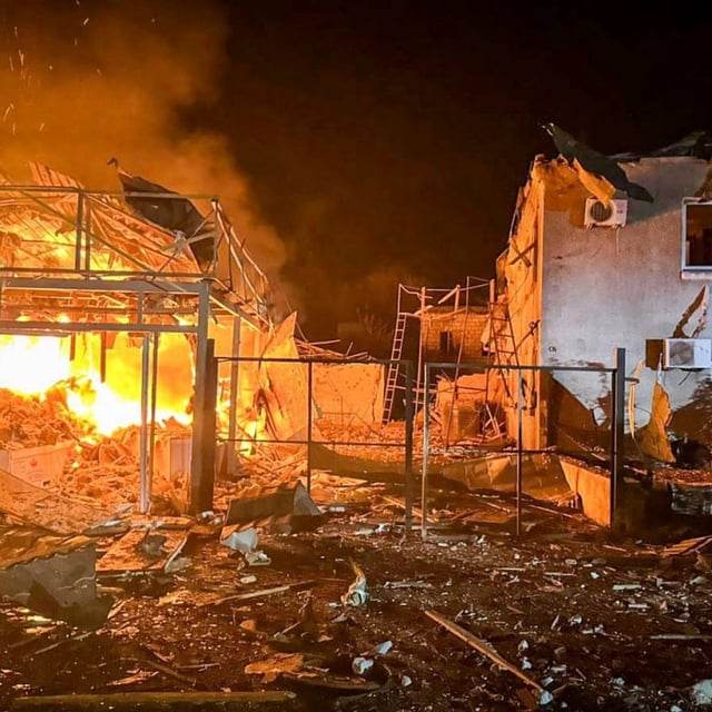 In this photo provided by the Ukrainian Emergency Service, the fire following a Russian missile attack is seen in Tatarbunary, Odesa region, Ukraine, Tuesday, Sept. 23, 2025. (Ukrainian Emergency Service via AP)