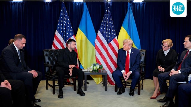 President of Ukraine Volodymyr Zelensky (L) speaks during a bilateral meeting with U.S. President Donald Trump at the 80th session of the UN General Assembly 