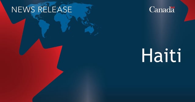 Image of the map of the world, with half of the maple leaf, and the Canada logo, with the following text overlayed: News Release Haiti