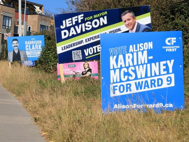 Election signs along Edmonton Trail in ward 9. Women make up 28 per cent of councillor candidates in the 2025 municipal election.