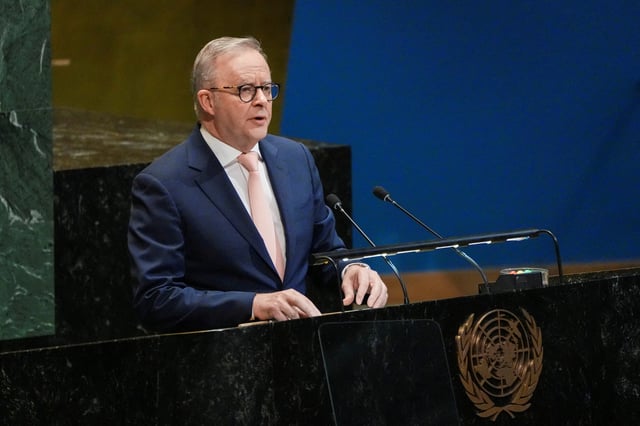 Australian Prime Minister Anthony Albanese addresses delegates at United Nations headquarters in New York City, U.S., September 22, 2025. REUTERS/Eduardo Munoz/File Photo