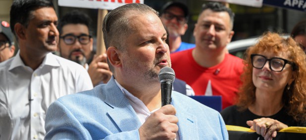 John Samuelsen, international president of Transport Workers Union of America, speaks at a picket line on Aug. 17, 2023.