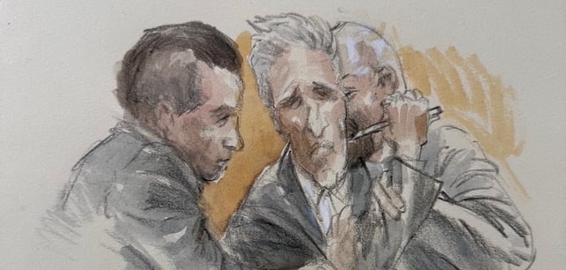 Die Zeichnung zeigt, wie Ryan Routh versucht, sich den Stift in den Hals zu rammen