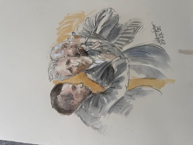 This courtroom sketch shows Ryan Routh trying to stab himself in the neck with a pen, after being found guilty of attempting to assassinate Donald Trump at a Florida golf course last year, Tuesday, Sept. 23, 2025, in Fort Pierce, Fla. (Lothar Speer via AP)