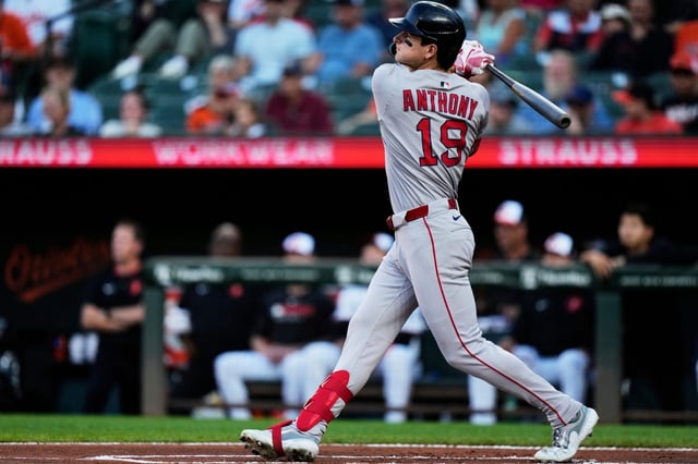 Boston Red Sox's Roman Anthony watches his home run during the first inning of a baseball game against the Baltimore Orioles, Monday, Aug. 25, 2025, in Baltimore. (AP Photo/Stephanie Scarbrough)