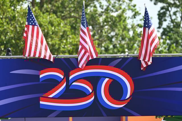 A general view shows the event area during an America250 rally in Des Moines, Iowa,  on July 3.
