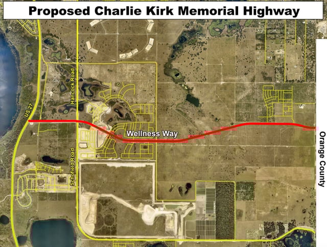The initial map, proposed by Lake County Commissioner Anthony Sabatini, as the site of a permanent installation in memory of slain conservative activist Charlie Kirk. After discussion, commissioners ultimately chose the adjacent Schofield Road as the roadway for the memorial designation. (Lake County)