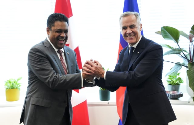 Prime Minister Mark Carney takes part in a meeting with Laurent Saint-Cyr, President of the Transitional Presidential Council of the Republic of Haiti, during the United Nations General Assembly (UNGA) in New York on Tuesday, Sept. 23, 2025. This year marks the 80th anniversary of UNGA.  THE CANADIAN PRESS/Sean Kilpatrick