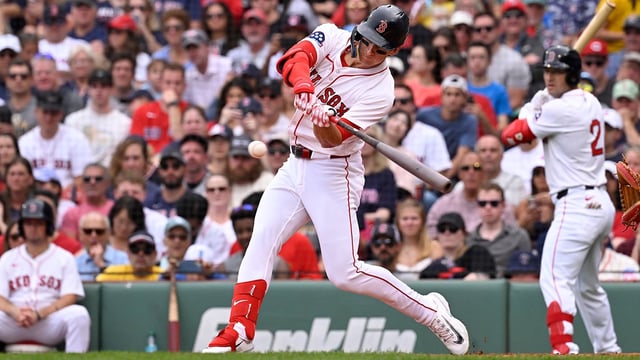 Sep 1, 2025; Boston, Massachusetts, USA; Boston Red Sox right fielder Roman Anthony (19) hits a single against the Cleveland Guardians during the second inning at Fenway Park. Mandatory Credit: Eric Canha-Imagn Images