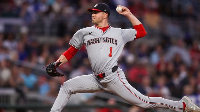 Sep 22, 2025; Atlanta, Georgia, USA; Washington Nationals starting pitcher MacKenzie Gore (1) throws against the Atlanta Braves in the second inning at Truist Park. Mandatory Credit: Brett Davis-Imagn Images