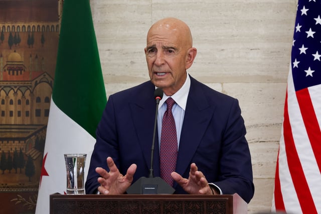 U.S. special envoy for Syria Tom Barrack speaks during a press conference with Syrian Foreign Minister Asaad Hassan al-Shibani and Jordanian Foreign Minister Ayman Safadi, in Damascus, Syria September 16, 2025. REUTERS/Khalil Ashawi/File Photo