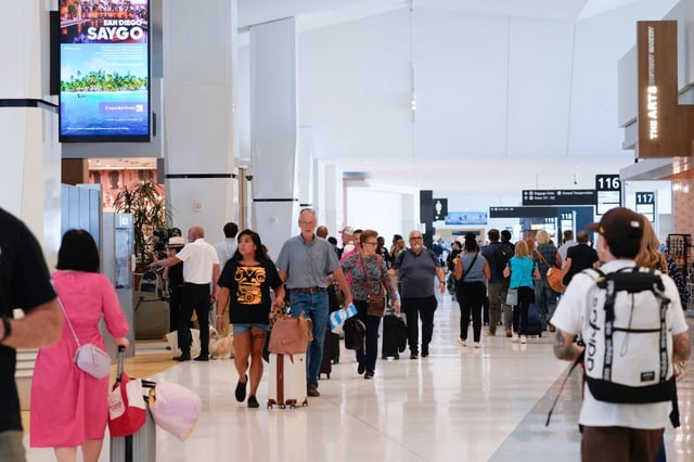 Passengers make their way to their gate or to the baggage claim area of the newly opened Terminal 1 at San Diego International Airport. Tuesday, Sept. 23, 2025, was the official grand opening of the new Terminal 1.   (Nelvin C. Cepeda / The San Diego Union-Tribune)