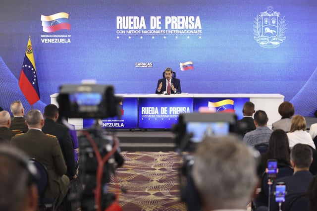 Venezuelan President Nicolas Maduro gives a press conference in Caracas, Venezuela, Monday, Sept 15, 2025. (AP Photo/Jesus Vargas)