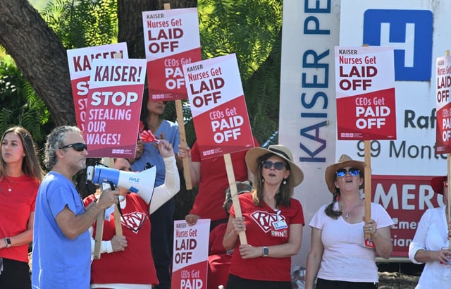 Nurses picket outside Kaiser Permanente San Rafael Medical Center in San Rafael, Calif., on Tuesday, Sept. 23, 2025. The site was one of 22 protest locations around the state over layoffs, wage complaints and other issues. (Sherry LaVars/Marin Independent Journal)