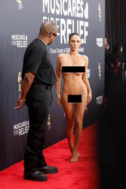 Kanye West and Bianca Censori on the red carpet at the Grammys in February. 