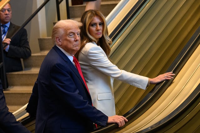 NEW YORK, NEW YORK - SEPTEMBER 23: U.S. President Donald Trump, and First Lady Melania Trump arrive for the 80th session of the UN’s General Assembly (UNGA)  on September 23, 2025 in New York City. This year’s theme for the annual global meeting is:“Better together: 80 years and more for peace, development and human rights.” Gaza and Ukraine are just two of the global emergencies that world leaders will look to address.  (Photo by Alexi J. Rosenfeld/Getty Images)