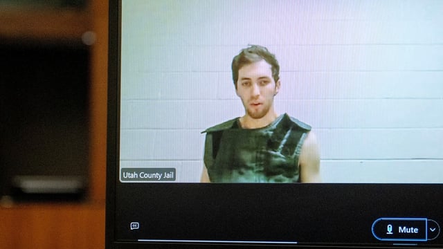 Tyler Robinson, 22, the suspect in the shooting death of Charlie Kirk, appears by camera before 4th District Court Judge Tony Graf on Tuesday, Sept. 16, 2025.