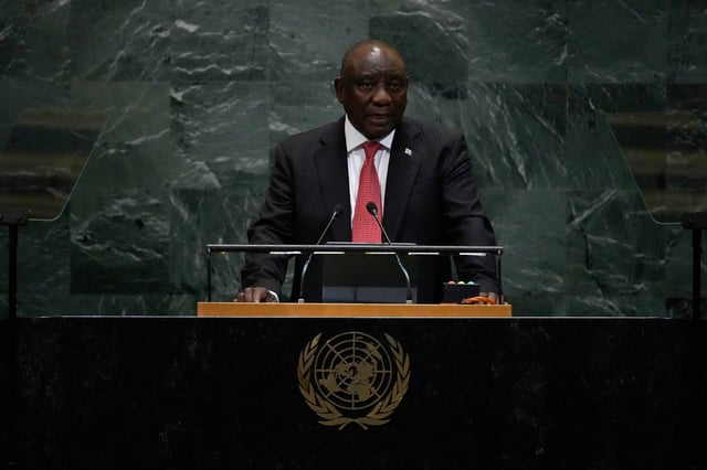 President of South Africa Cyril Ramaphosa addresses the 80th session of the United Nations General Assembly, Tuesday, Sept. 23, 2025, at U.N. headquarters. (AP Photo/Pamela Smith)