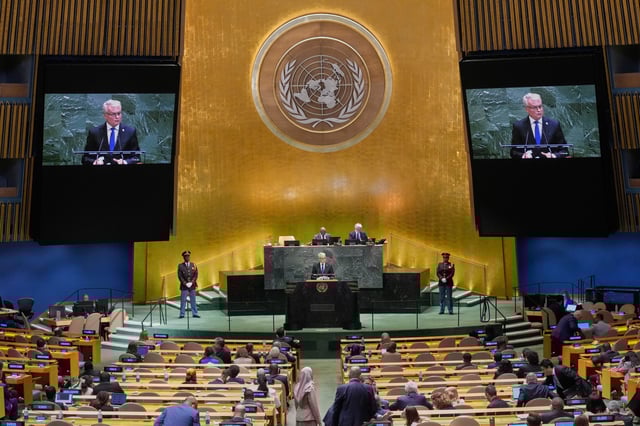 Lithuania President Gitanas Nauseda addresses the 80th session of the United Nations General Assembly, Tuesday, Sept. 23, 2025. (AP Photo/Richard Drew)
