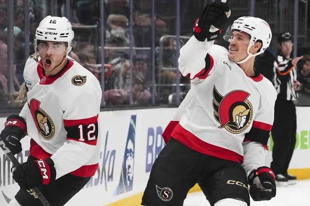 Ottawa Senators centre Shane Pinto (left) played the hero, scoring the overtime winner against the Leafs. Lindsey Wasson/The Associated Press files