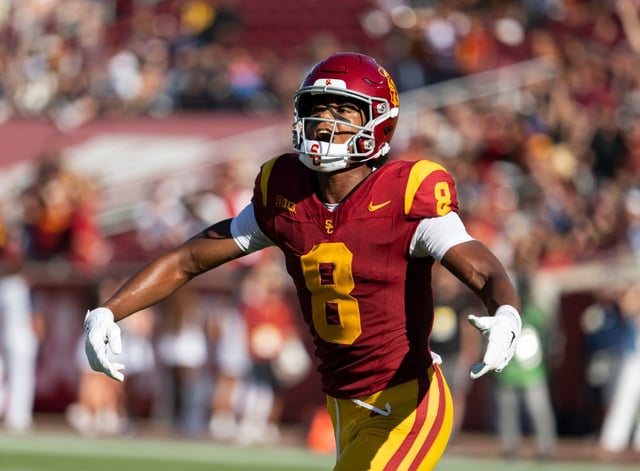 USC wide receiver Ja’Kobi Lane gets the crowd going as he celebrates his touchdown during the first quarter of a game against Georgia Southern on Saturday, Sept. 6, 2025, at the Coliseum. (Photo by Paul Rodriguez, Contributing Photographer)