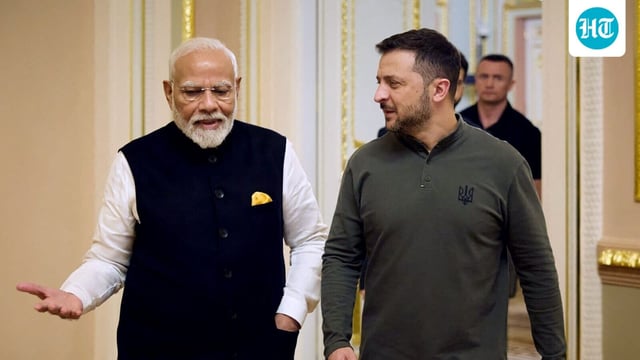 Ukraine's President Volodymyr Zelensky speaking Prime Minister Narendra Modi at the Mariinskyi Palace ahead of their meeting, in Kyiv.