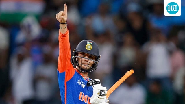 Abhishek Sharma celebrates his half century during the Asia Cup 2025 Super Four match between India and Pakistan, in Dubai, UAE.