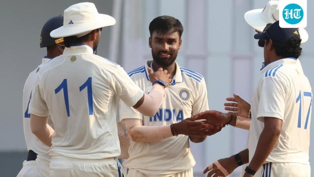 Spinner Manav Suthar celebrating after taking a wicket during India A and Australia A match in Lucknow.