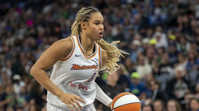 Sep 21, 2025; Minneapolis, Minnesota, USA; Phoenix Mercury forward Satou Sabally (0) dribbles the ball against the Minnesota Lynx in the second half during game one of the second round for the 2025 WNBA Playoffs at Target Center. Mandatory Credit: Jesse Johnson-Imagn Images