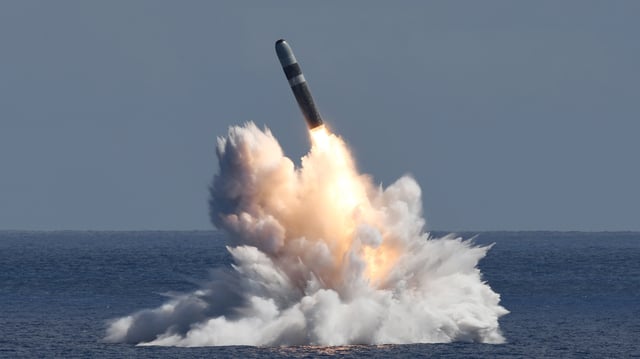 An unarmed Trident II D5 Life Extension missile launches from a United States Ohio-class ballistic missile submarine off the coast of Florida on September 17, 2025.