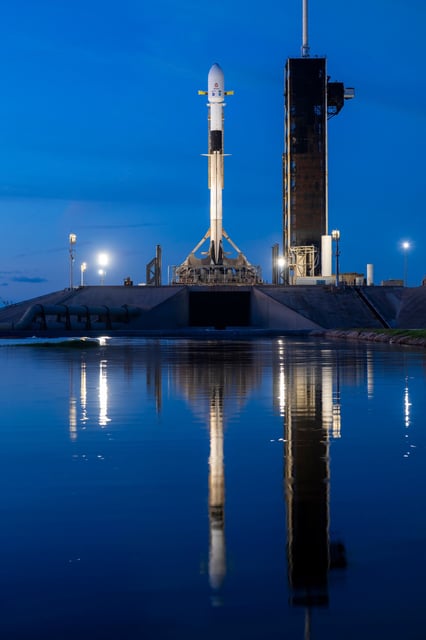 A SpaceX Falcon 9 rocket with NASA’s IMAP, the Carruthers Geocorona Observatory, and NOAA's SWFO-L1 spacecraft stands vertical at Launch Complex 39A at Kennedy Space Center in Florida as the sun rises on September 22.