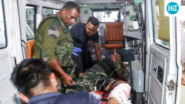 An injured security personnel being taken to the Regional Institute of Medical Sciences hospital after a terrorist attack on an Assam Rifles vehicle in Nambol Sabal area of Bishnupur, in Imphal on Friday. Reportedly, two Assam Rifles personnel, including one JCO and one jawan, killed in the ambush. 