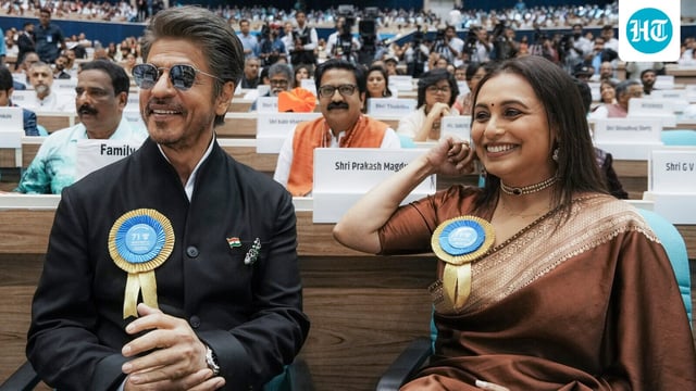 Bollywood actors Shah Rukh Khan and Rani Mukerji during the 71st National Film Awards ceremony, in New Delhi, Tuesday.