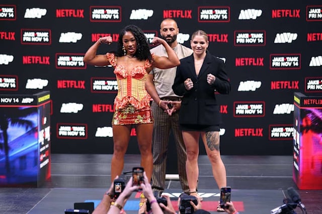 MIAMI, FLORIDA - SEPTEMBER 23: Alycia Baumgardner and Leila Beaudoin face off during a press conference at Kaseya Center on September 23, 2025 in Miami, Florida. (Photo by Megan Briggs/Getty Images for Netflix)