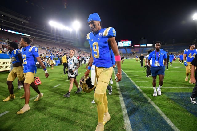 UCLA Bruins quarterback Nico Iamaleava (9) following the loss against the Utah Utes during the second half at Rose Bowl.