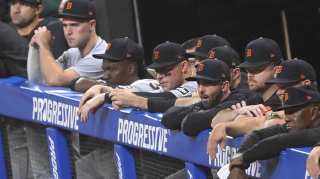 Sep 23, 2025; Cleveland, Ohio, USA; The Detroit Tigers watch from the dugout in the ninth inning against the Cleveland Guardians at Progressive Field. Mandatory Credit: David Richard-Imagn Images