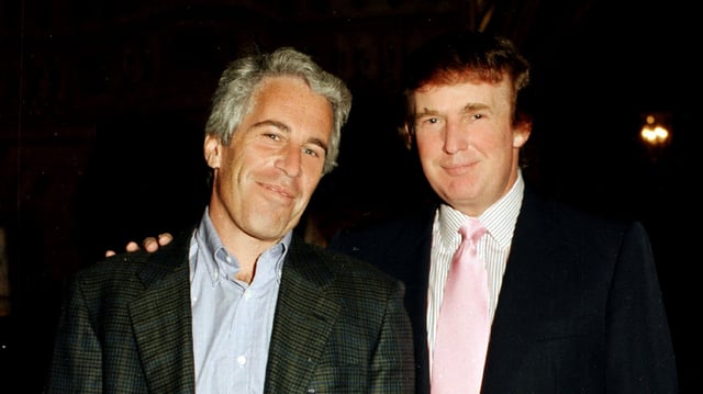 The image, showing Trump and Epstein at Mar-a-Lago in 1997, used by the campaign group.