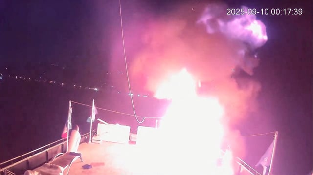A CCTV footage shows a fire that struck Alma, a vessel of the Global Sumud Flotilla (GSF), in the Tunisian waters off the coast of Tunisia, September 9, 2025, in this screengrab obtained from a handout video.    GLOBAL SUMUD FLOTILLA/Handout via REUTERS
