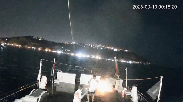 A CCTV footage shows men on board dousing a fire that struck Alma, a vessel of the Global Sumud Flotilla (GSF), in the Tunisian waters off the coast of Tunisia, September 9, 2025, in this screengrab obtained from a handout video.    GLOBAL SUMUD FLOTILLA/Handout via REUTERS    THIS IMAGE HAS BEEN SUPPLIED BY A THIRD PARTY. NO RESALES. NO ARCHIVES. MANDATORY CREDIT.  VERIFICATION - Reuters was able to confirm the vessel from characteristics of ship exterior that matched file images.  - Reuters was able to locate the footage from ship tracking websites and topography of the landscape and the shape and position of the road matched satellite imagery of the area.  - Reuters was able to confirm the date of footage with Global Sumud Flotilla spokesperson, Wael Nawar. - Nawar also told Reuters that the timestamp difference shown on footage was likely due to camera being installed in Spain, which was an hour ahead of Tunisia.
