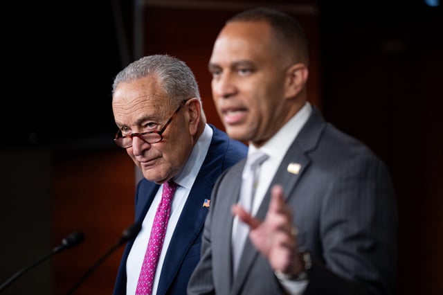 From left, Senate Minority Leader Chuck Schumer, D-N.Y.,and House Minority Leader Hakeem Jeffries, D-N.Y., hold a news conference in the U.S. Capitol on June 11, 2025.
