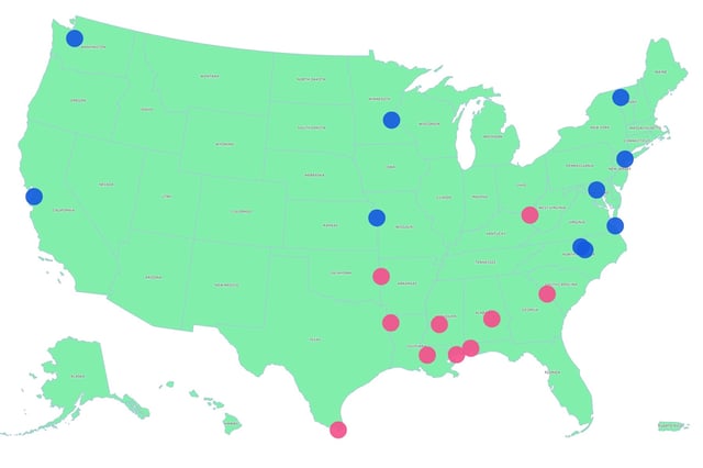 A map graphic highlighting the best (blue dots) and worst (red dots) major cities in the U.S. for women.