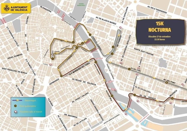 Imagen del recorrido de la 15K Nocturna de Valencia del sábado 27 de septiembre