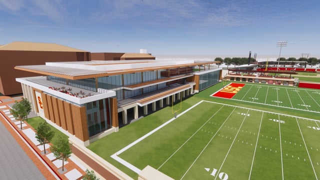 A conceptual artist sketch of the planned USC football performance center (subject to change).