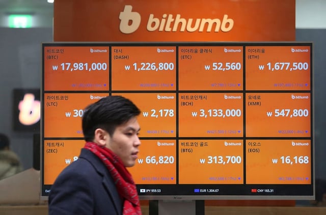 A man passes by a screen showing the prices of bitcoin at a virtual currency exchange office in Seoul. South Korea is among the nations spearheading transaction growth in the Asia-Pacific. Photo: AP