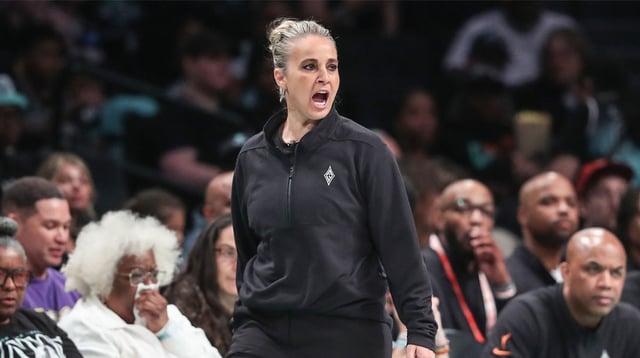 May 17, 2025; Brooklyn, New York, USA; Las Vegas Aces head coach Becky Hammon at Barclays Center. Mandatory Credit: Wendell Cruz-Imagn Images