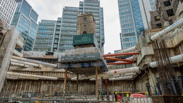 The tower of All Hallows Staining is to rest on stilts while a skyscraper basement is built in a “never-seen-before feat of engineering”